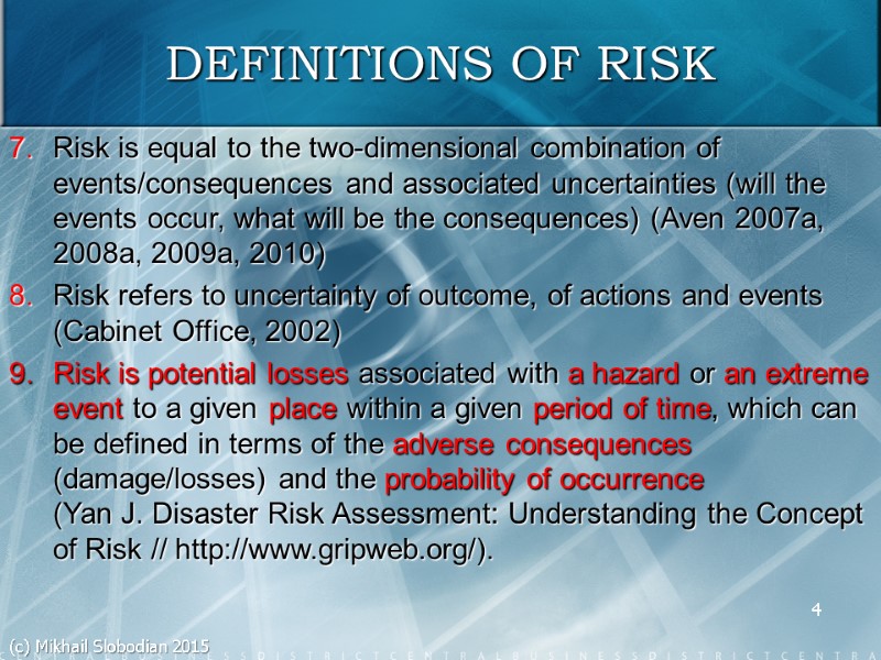 4 Risk is equal to the two-dimensional combination of events/consequences and associated uncertainties (will